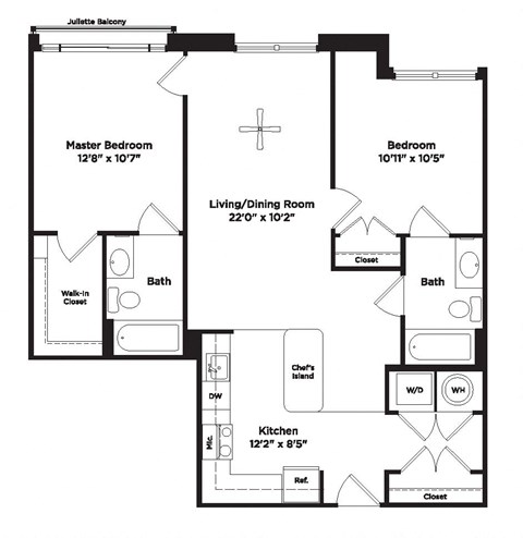Floor plan for 2 beds, 2 baths, 925 sqft